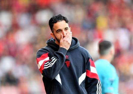 Ruben Amorim, Manchester United manager, looking dejected.