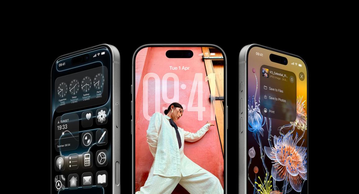Three iPhones displayed side-by-side, each showing a different screen.