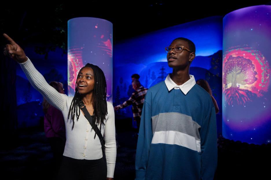 Two people looking at immersive artwork in a waiting area.