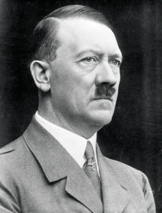 Black and white portrait of Adolf Hitler.