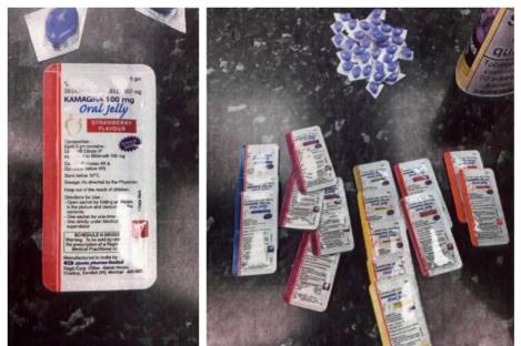 Photo of Kamagra Oral Jelly packets and blue pills seized from a shop.