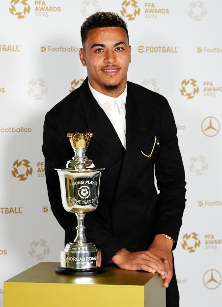 Morgan Rogers holding the PFA Young Player of the Year award.