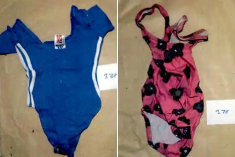 An image collage containing 2 images, Image 1 shows Two children's swimsuits laid out on a surface with measuring tapes, Image 2 shows Two children's swimsuits laid out on a surface with measuring tapes