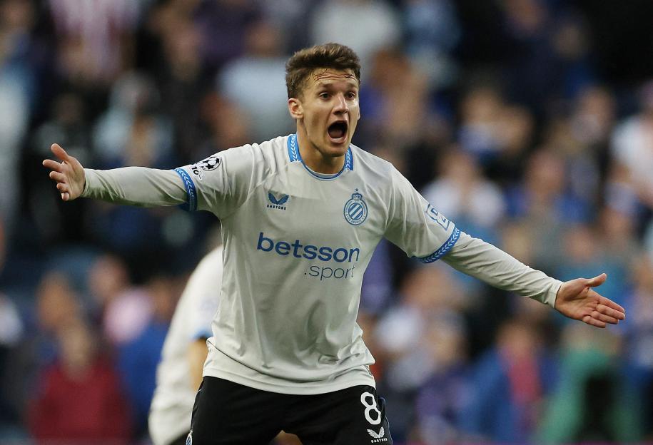 Christos Tzolis of Club Brugge reacting during a soccer match.