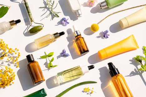Trendy Collage made of Natural Cosmetics and Beauty Products for Body and Face Care with leaves and flowers. The best gift for Valentine's Day. Holiday's, birthday, International women's day, Mother day, love, party concept. Copy space. Flat lay.