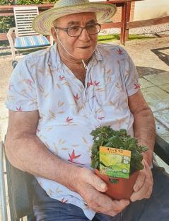 Photo of Donald Burgess holding a lemon balm plant.
