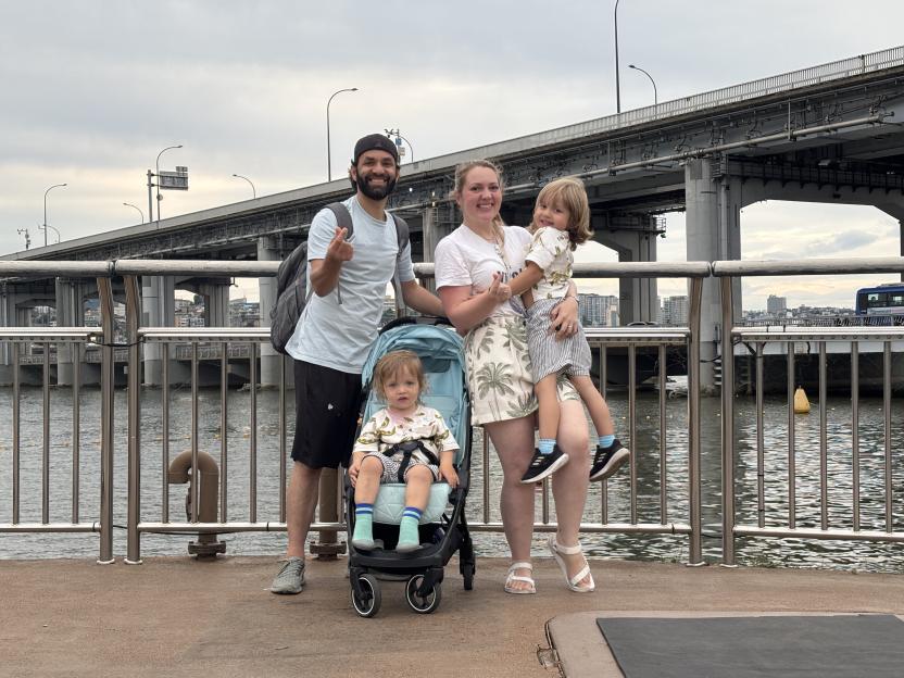 Family posing for a photo in Gangnam, South Korea.
