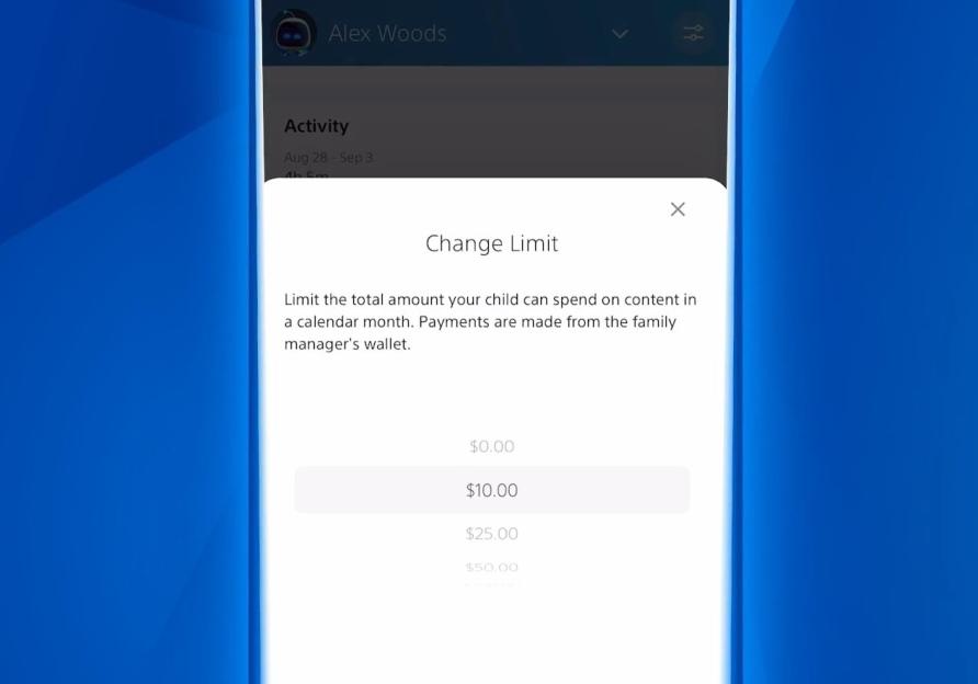 Screenshot of PlayStation's parental control app showing spending limit options.