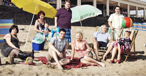The cast of Gavin & Stacey on the beach.