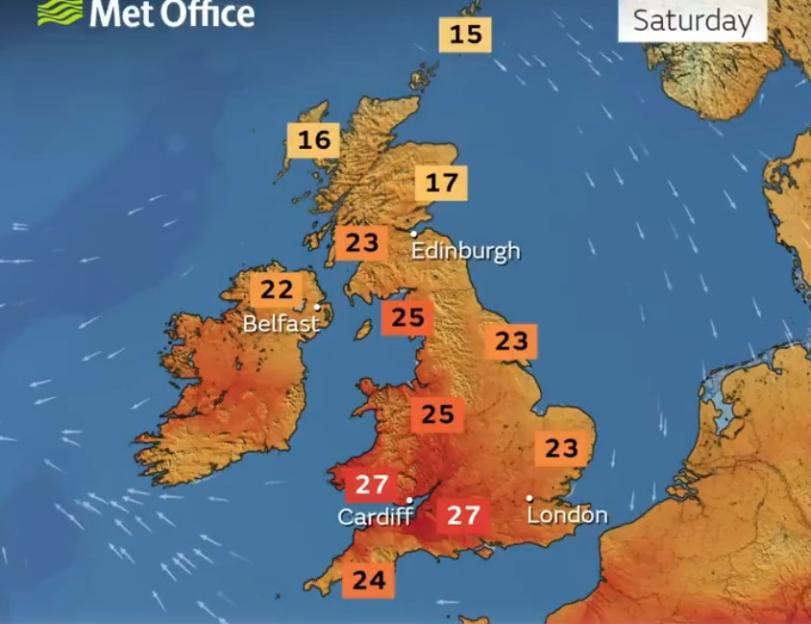 UK weather forecast map showing temperatures for Saturday.