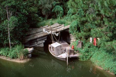 Boat docked at River Country in Walt Disney World.
