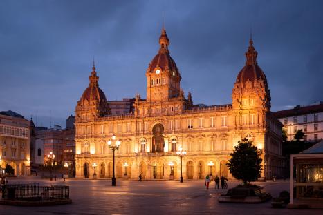 Plaza Maria Pita in La Coruna, Spain at night.