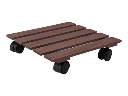 Brown wooden plant roller with black wheels.