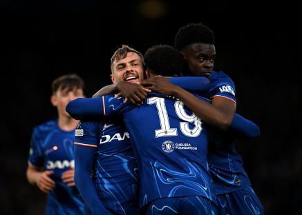 Chelsea players celebrating a goal.