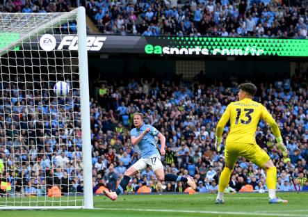 Kevin De Bruyne of Manchester City shoots at the goal during a Premier League match.
