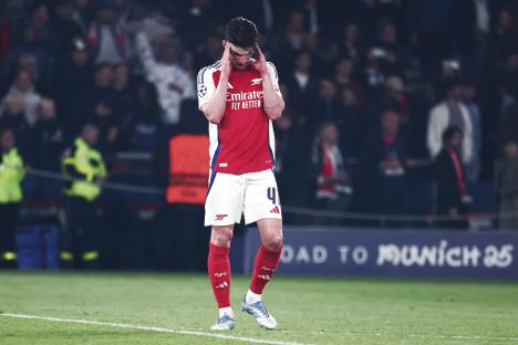 Declan Rice of Arsenal reacting after a Champions League match.