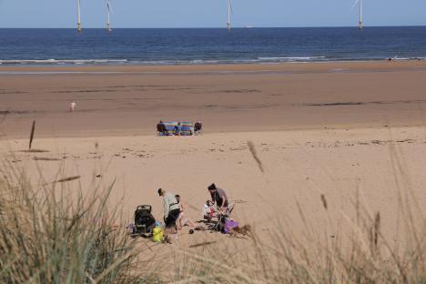 Two people sitting on a bench overlooking a sea with offshore wind turbines.