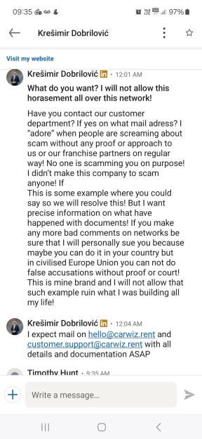 Screenshots of a social media exchange showing accusations of scams and threats of legal action against Carwiz.