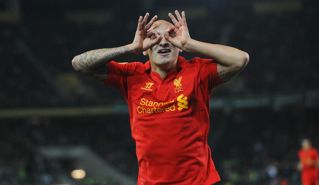 Jonjo Shelvey celebrates scoring for Liverpool.