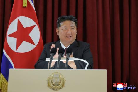 Kim Jong Un speaking at the Russian Embassy in Pyongyang.