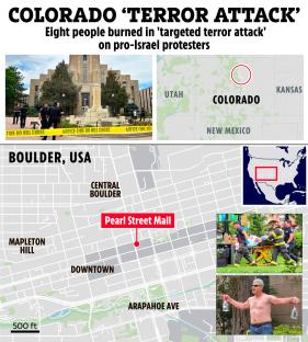 Collage showing the location of a terror attack in Boulder, Colorado, including maps and photos of the aftermath.
