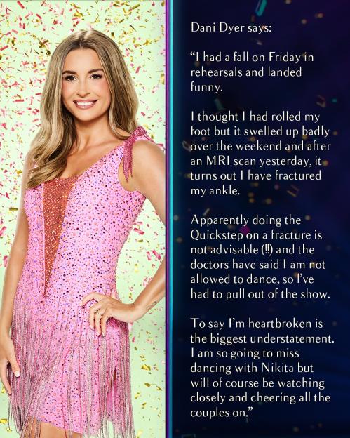 Dani Dyer smiling in a pink sequined and fringed dress, next to text announcing she fractured her ankle and is pulling out of a dance show.