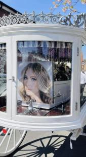 Photo of a woman's portrait displayed on a horse-drawn hearse.