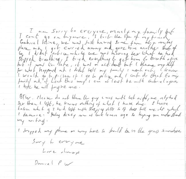 A handwritten note titled "fake suicide note left on Daniel Whitworth's body".