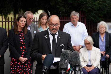 Olly Stephens' father reading a statement outside Reading Crown Court following the sentencing of his son's killers.