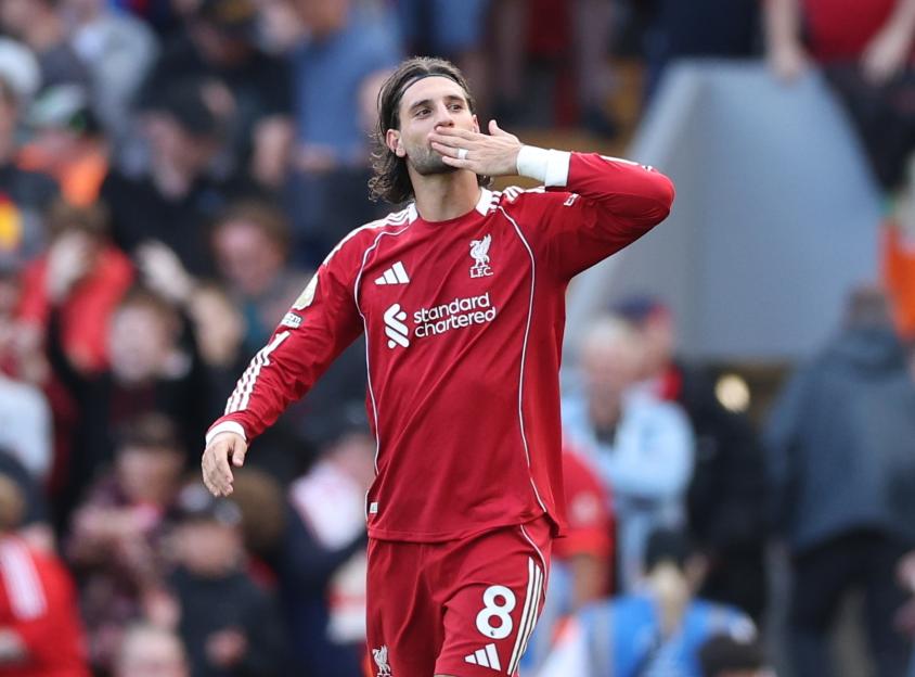 Dominik Szoboszlai of Liverpool celebrates scoring a goal.