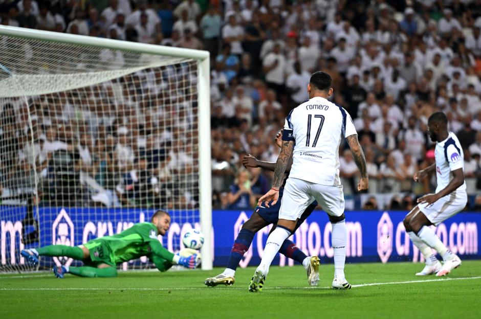 Cristian Romero of Tottenham Hotspur scoring a goal.