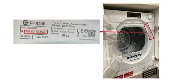 Product recall notice for Caple tumble dryer with model number TD14000 and serial number 190052119520083.