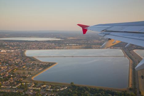 Aerial view of Staines Reservoirs near Heathrow airport.