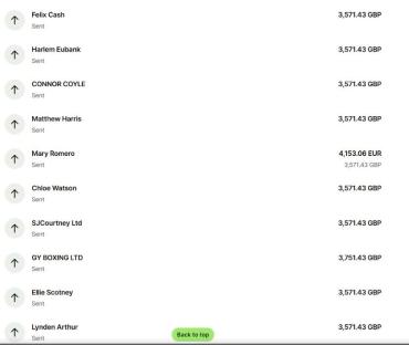 List of payments sent, showing recipient name and amount.