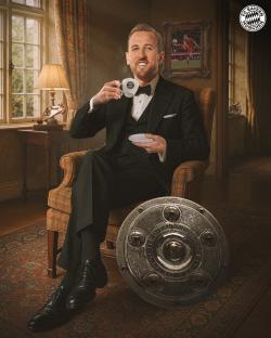 Illustration of Harry Kane in a tuxedo, holding a cup of coffee, sitting in a chair with a trophy next to him.