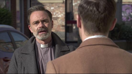Still image from Coronation Street: Billy Mayhew speaks to Todd Grimshaw.