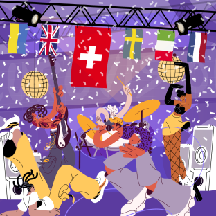 Illustration of a band performing on stage with confetti and flags representing different countries.