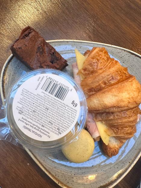 A croissant sandwich with ham and cheese, an individual tiramisu cup, a plain cookie, and a brownie on a speckled plate.