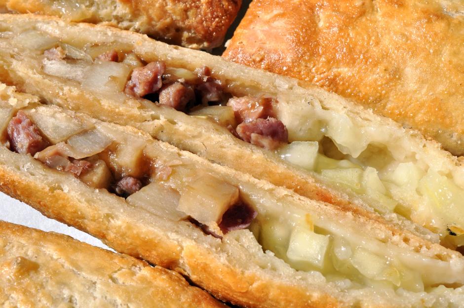 Bedfordshire Clanger with savory gammon and potato on one end and sweet apple filling on the other.