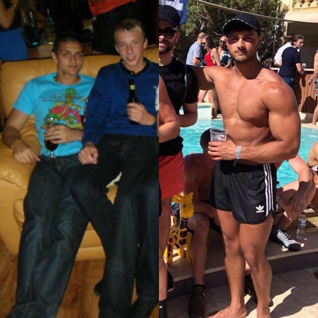Before and after photos of Kal from Love Is Blind UK showing a significant body transformation.