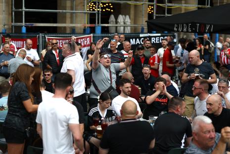 Manchester United fans in Bilbao before a soccer match.