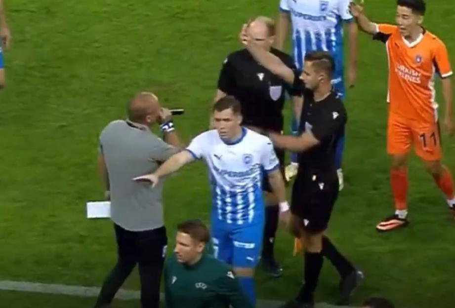 Never-before-seen moment stadium announcer gets given red card in Conference League clash