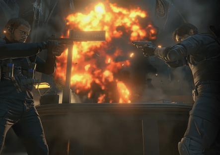 Two armed figures exchanging gunfire amidst an explosion.