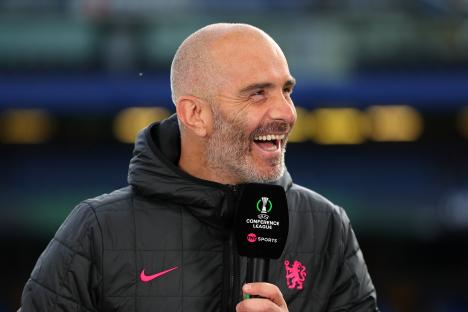 LONDON, ENGLAND - MAY 08: Enzo Maresca, Manager of Chelsea, smiles during an interview on TNT Sports prior to the UEFA Conference League 2024/25 Semi Final Second Leg match between Chelsea FC v Djurgarden at Stamford Bridge on May 08, 2025 in London, England. (Photo by Molly Darlington - UEFA/UEFA via Getty Images)
