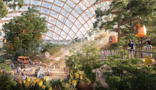 Illustration of Eden Project Morecambe, a large indoor nature reserve with people walking on elevated walkways and hanging pods.