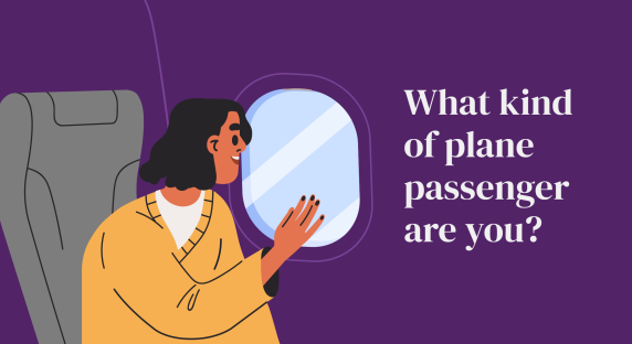 Illustration of a person looking out an airplane window, text asks
