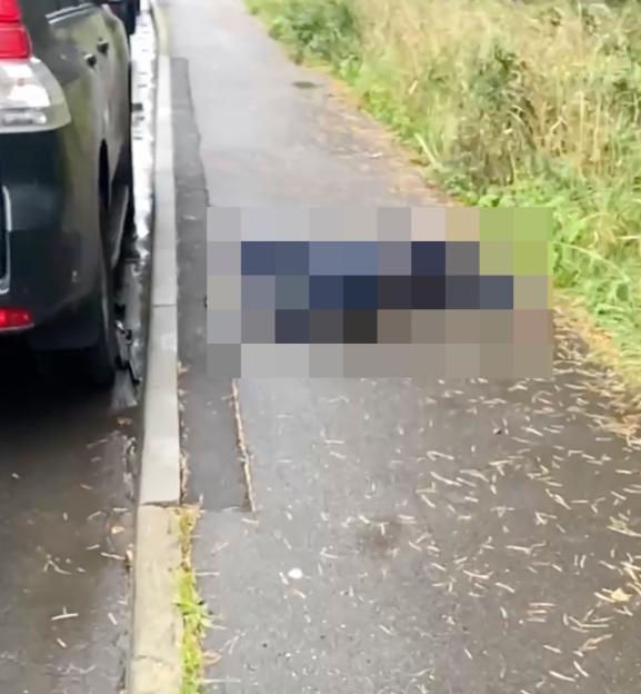 The body of Alexander Tyunin, covered by pixilation, lies next to his car on a paved road.