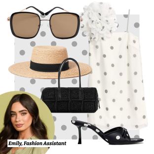 Collage of Emily's fashion outfit suggestions: sunglasses, hat, dress, bag, and shoes.