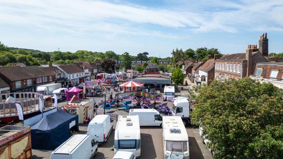Aerial view of Wickham Horse Fair in Hampshire, England.