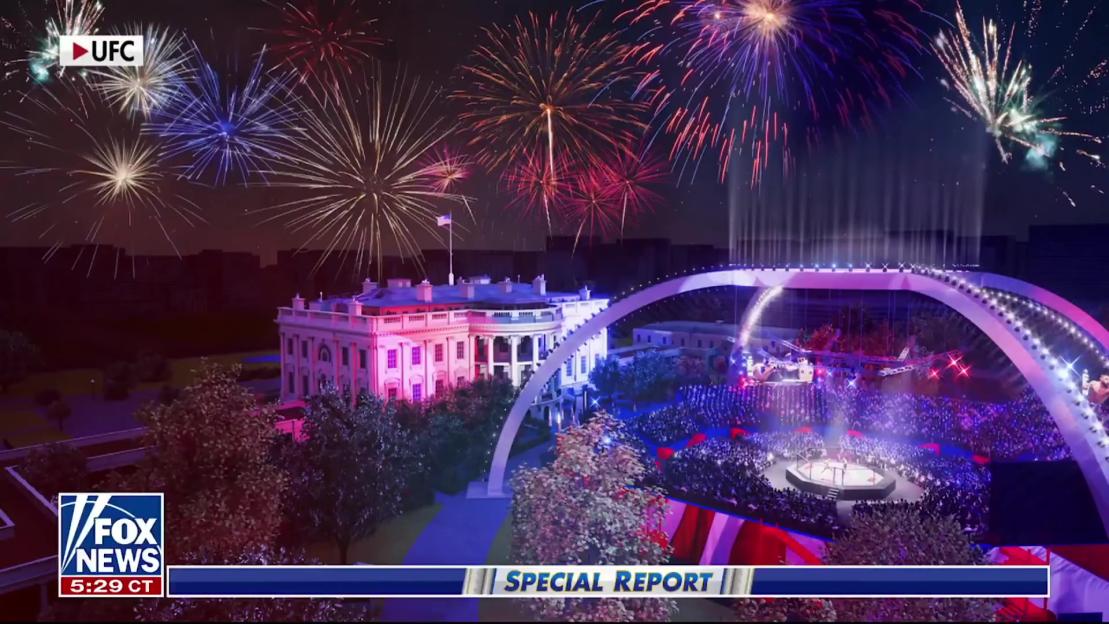 Illustration of a UFC event outside the White House with fireworks in the background.